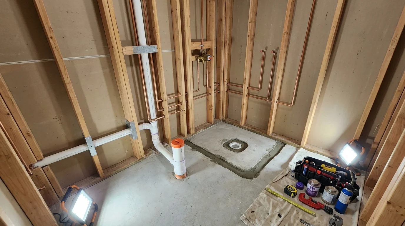 Bathroom rough-in plumbing during remodel by Johns Plumbing LLC in Mobile