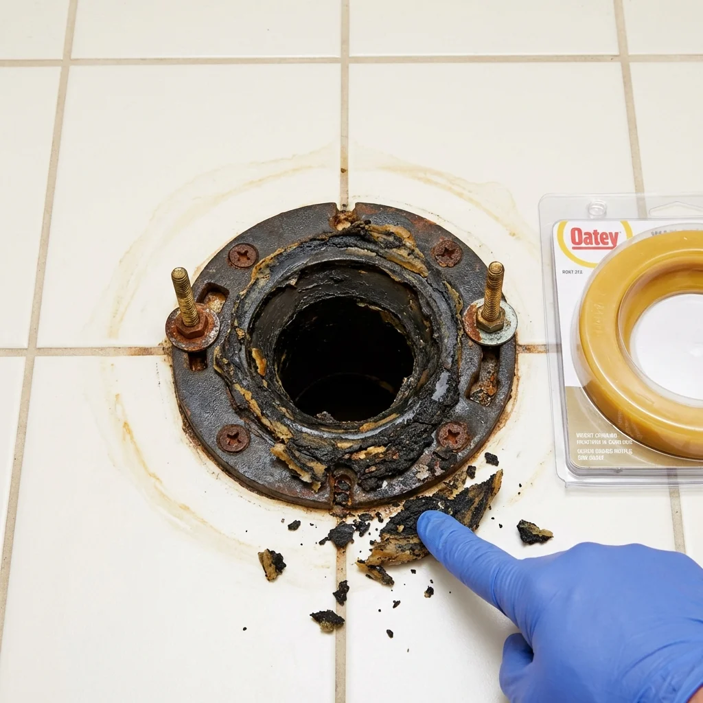 Failed wax ring showing water seepage at the base of a toilet in a Mobile, AL home