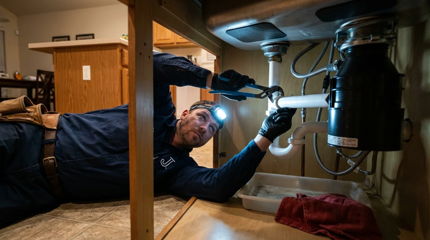 P-trap and supply line connections under a kitchen sink showing a common leak point in Mobile, AL